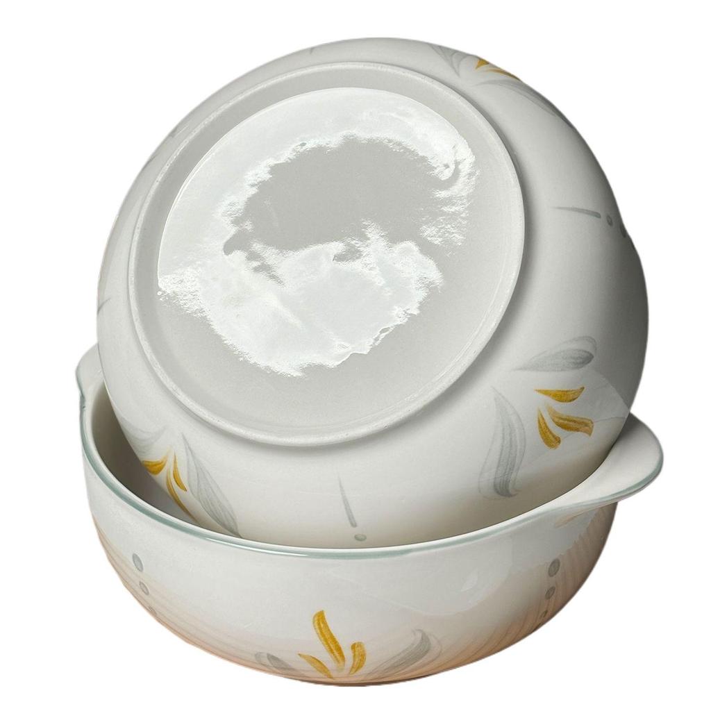 Silver 10-Inch Ceramic Soup Bowl with Handles: Durable, High-Temperature Resistant, Underglaze Design for Home Use.