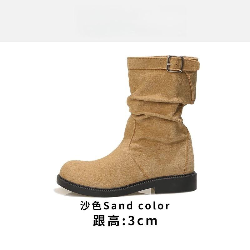 

With skirt frosted leather fashion belt buckle Martin boots women s 2025 spring and autumn short tube turned fur pleated medium tube boots 40 песочный