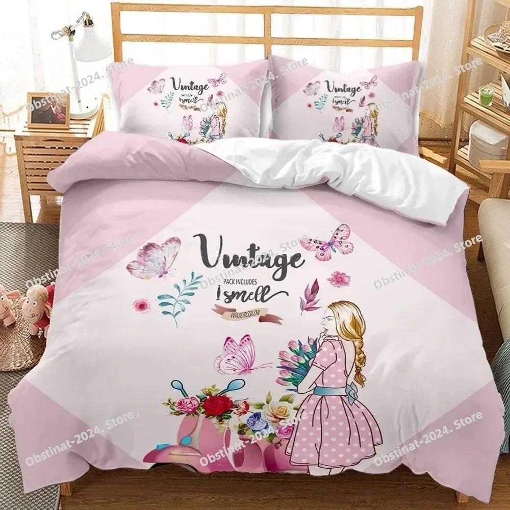 3D Fashion Cartoon Girl Scenery Bedding Set Modern Printed Comforter Quilt Duvet Cover Pillow Case 3 Pieces Sets Kids Adult Size
