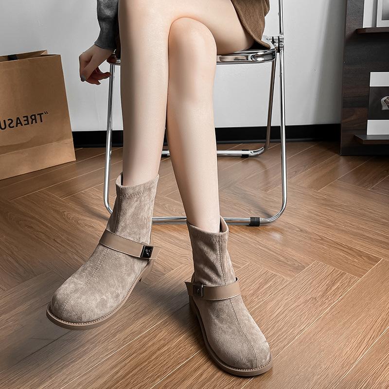 British style matte suede thin boots 2025 autumn and winter new belt buckle flat thick heel retro Martin boots short boots