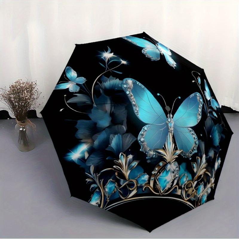 1pc Automatic Open/Close Umbrella with Crown & Butterfly Design - Lightweight Portable 8-Rib Iron Frame, Elegant Blue Butterfl