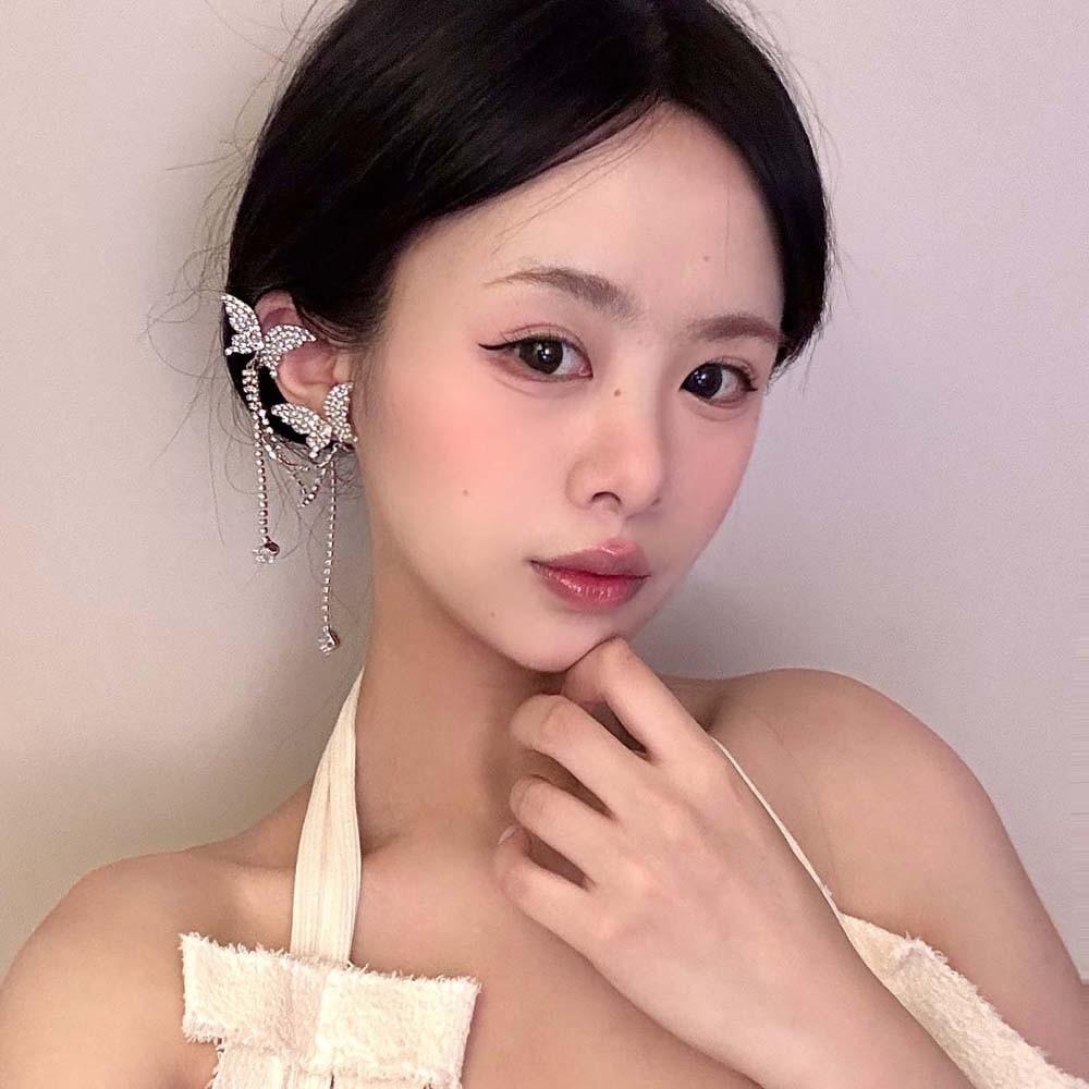 1 pair Luxury Silver Tassel Ear Clip Long Shiny Temperament Eardrops  Women