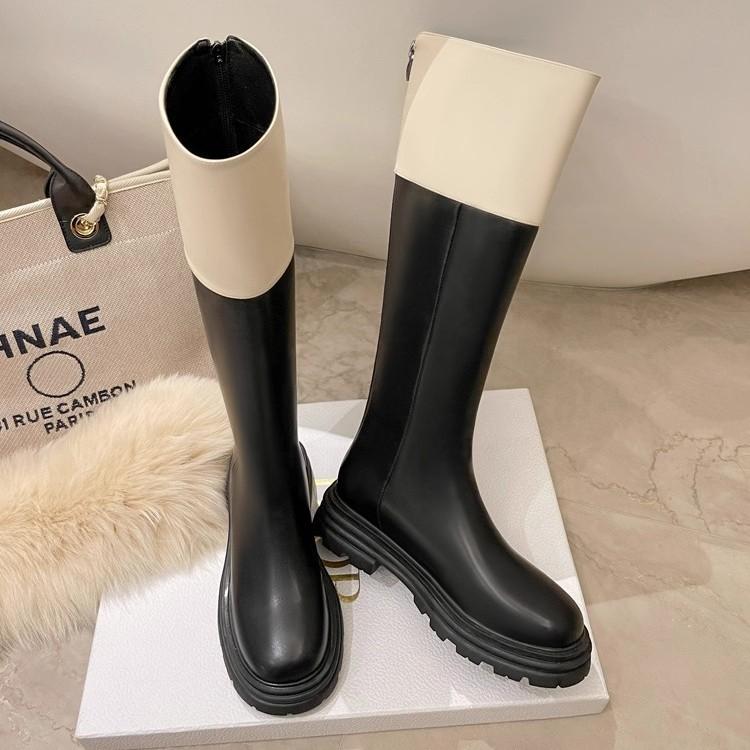 Women's Shoe Splicing Boots, New Xiaoxiangfeng High Boots In Autumn and Winter 2025, Color Matching Thick-soled Rear Zipper Knight Boots