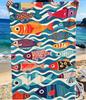 Colorful Hand Drawn Fish Beach Towel, Microfiber Large Sand Free Quick Dry, Retro Ocean Print, Soft Absorbent Beach Towel
