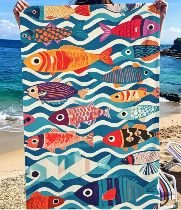 Asciugamano da Spiaggia Pesci Colorati Disegnati a Mano, Microfibra Grande Senza Sabbia Asciugatura Rapida, Stampa Oceano Retrò, Asciugamano da Spiaggia Morbido Assorbente