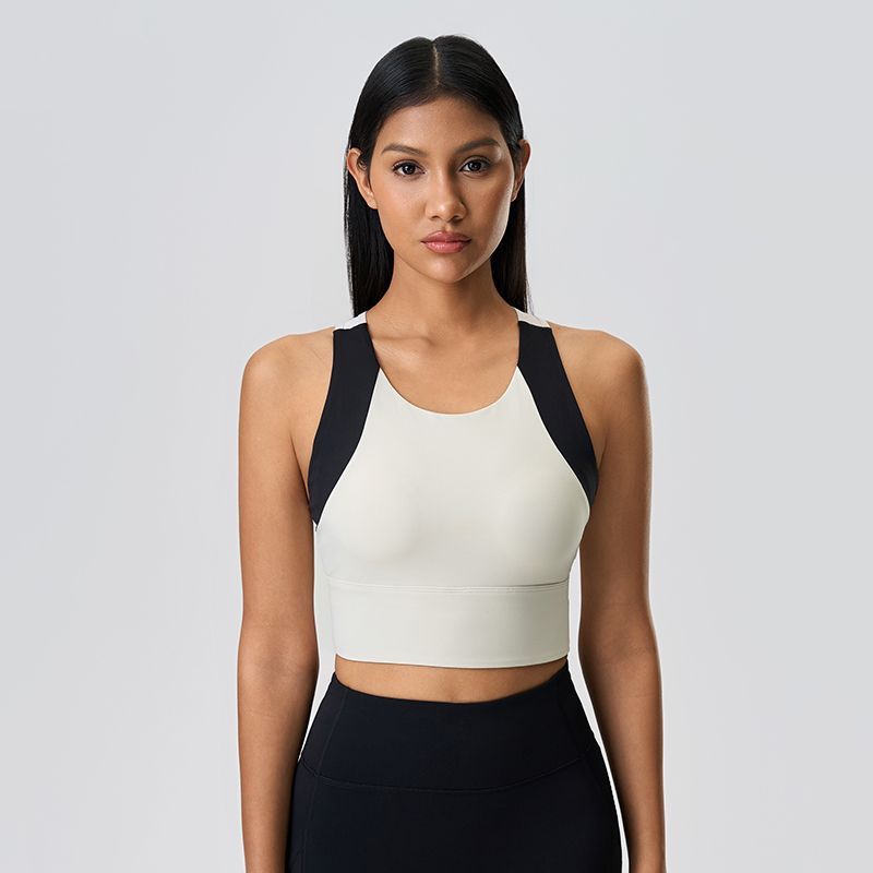 

Big Brand Flat for Long Yoga Vest One-Piece Fixed Cup Sports Underwear Women Shockproof Running Workout Clothes Top Bone White/Black 10