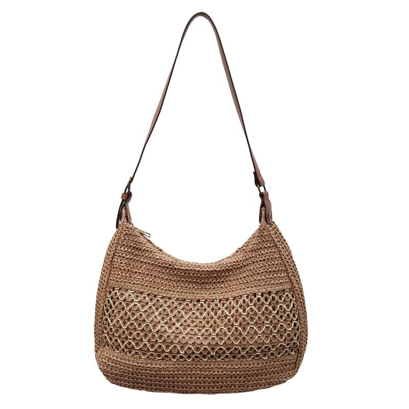 Crochet Mesh Shoulder Bag Women Summer Beach Tote With Leather Strap Natural Style Design
