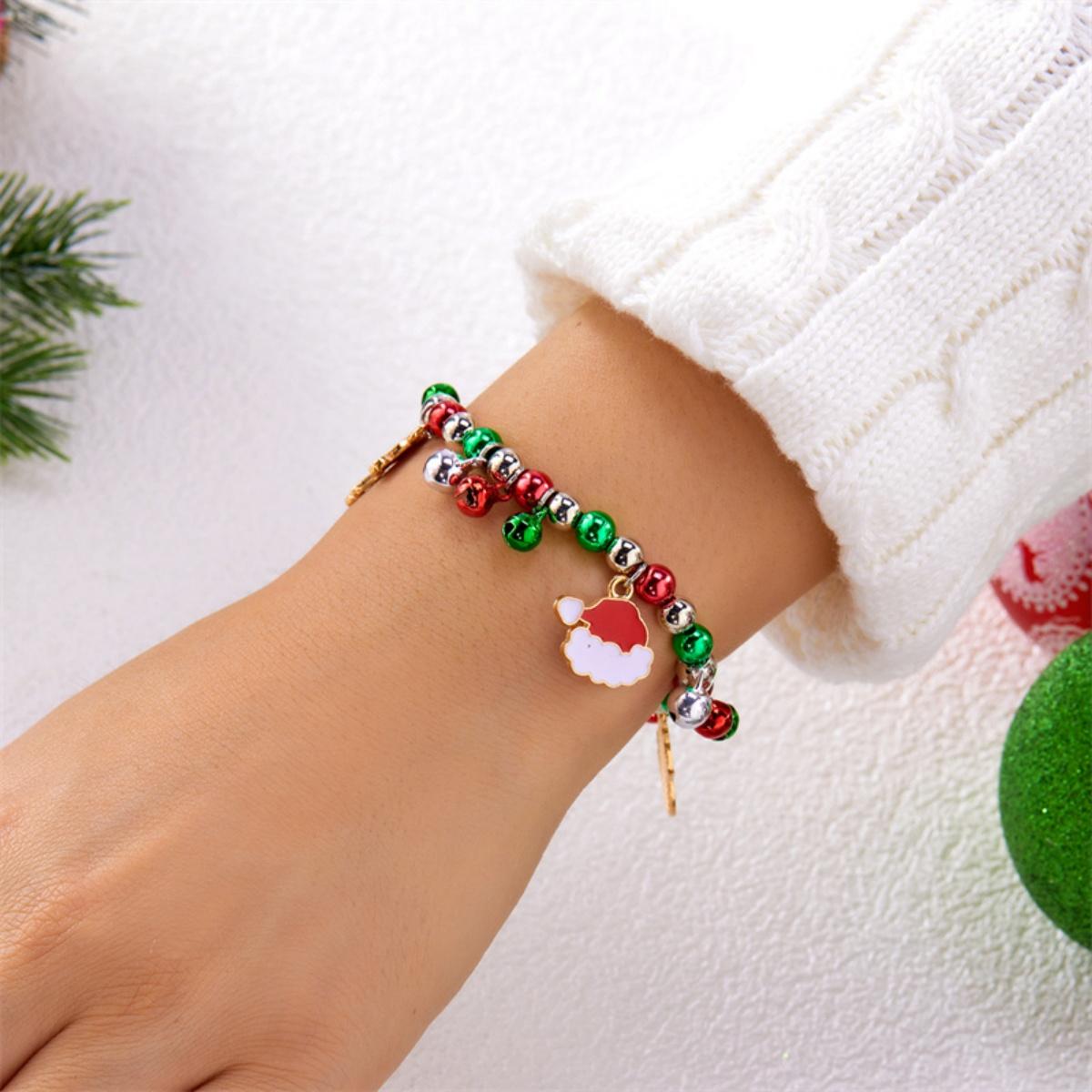 

Christmas Tree Santa Claus Snowman Beaded Bracelets Trendy Snowflake Wreath Sock Red Green Bells Bangles For Women Men Jewelry