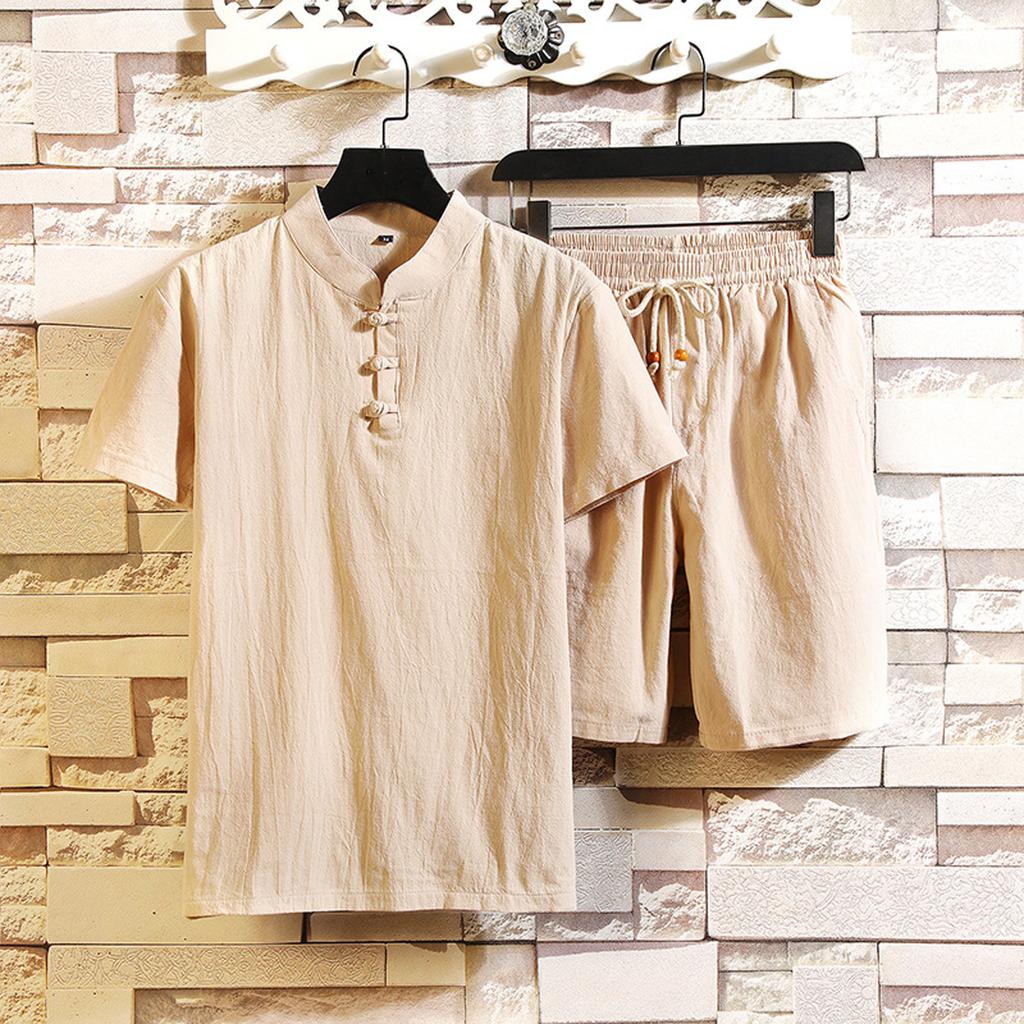 Men‘s Cotton Linen Set Color Short-Sleeved T-Shirt Large Size Casual Set