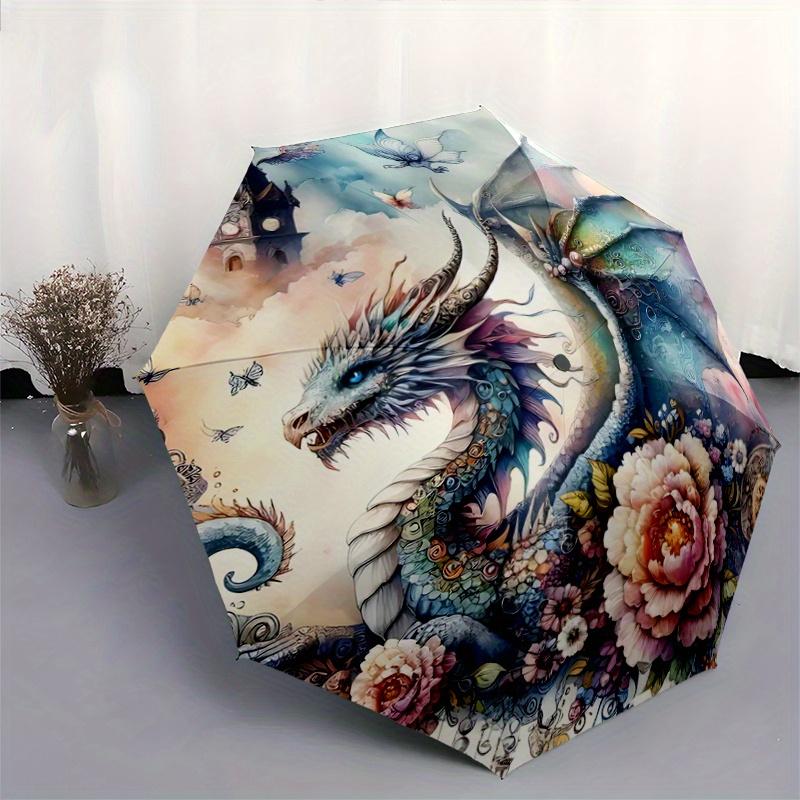 1pc Fantasy Dragon Floral Automatic Opening/Closing Umbrella - Portable 3-Fold Design, 8-Bone Iron Frame Outdoor Umbrella, Perfect Festival Gift