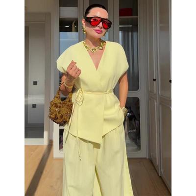 2025 Summer European & American Casual V-neck Short-sleeve Long Pants Fashion Set