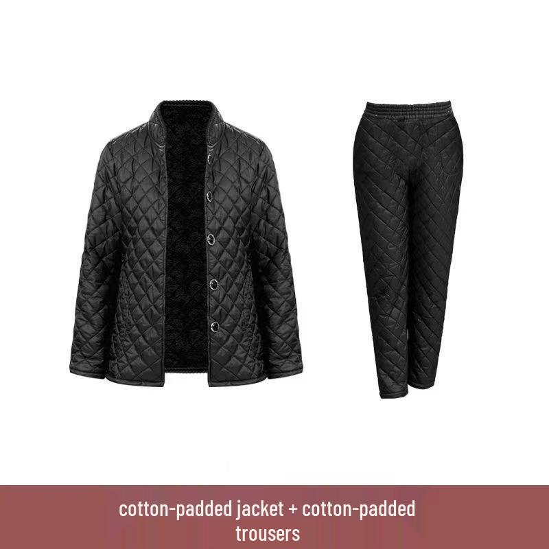 Warm Winter Three-Piece Set for Elderly Women: Fleece-Lined Cotton Coat and Pants