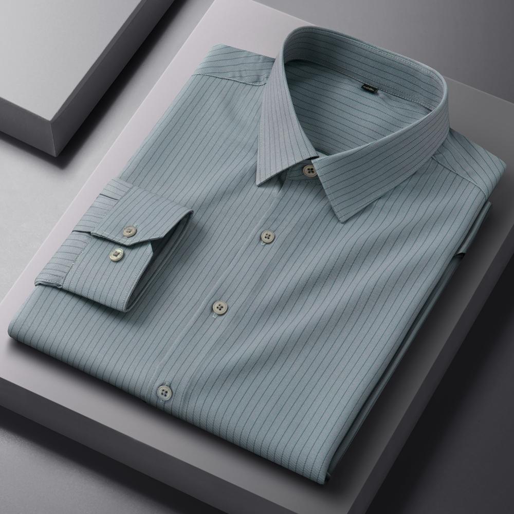 Men's Thin Comfortable Breathable Plaid Striped Dress Shirts, Long Sleeve Spread Collar Business Slight Stretch Button-up Shirt