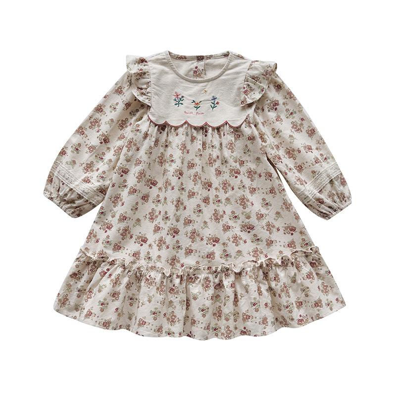Sweet Girls Floral Dress With Ruffle Sleeves Spring Long Sleeve Princess Dress With Flower Embroidery For Kids