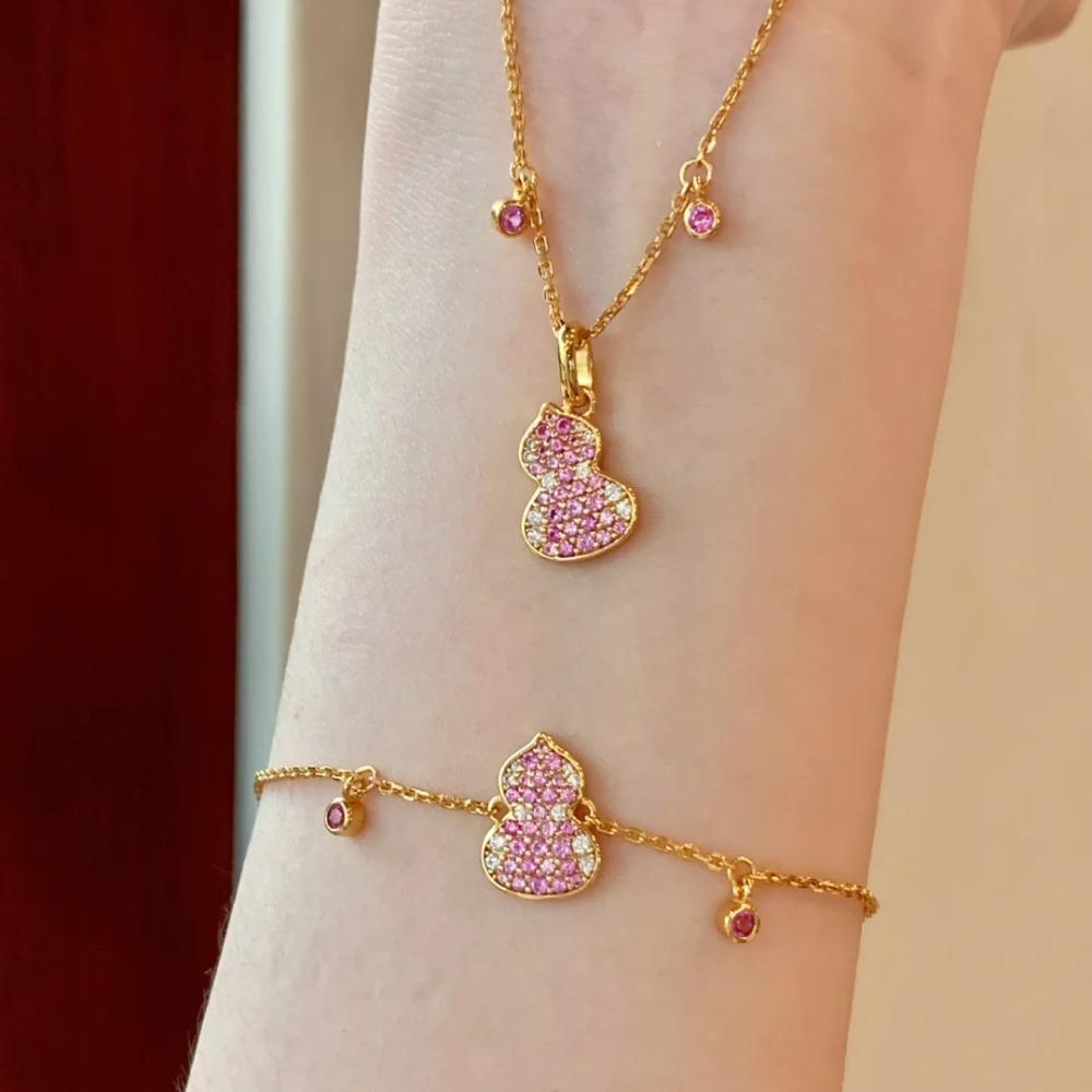 

Luxury Women Jewelry Set Gradient Pink Sapphire Gourd Bracelet Necklace Chinese Style Diamond Fashion