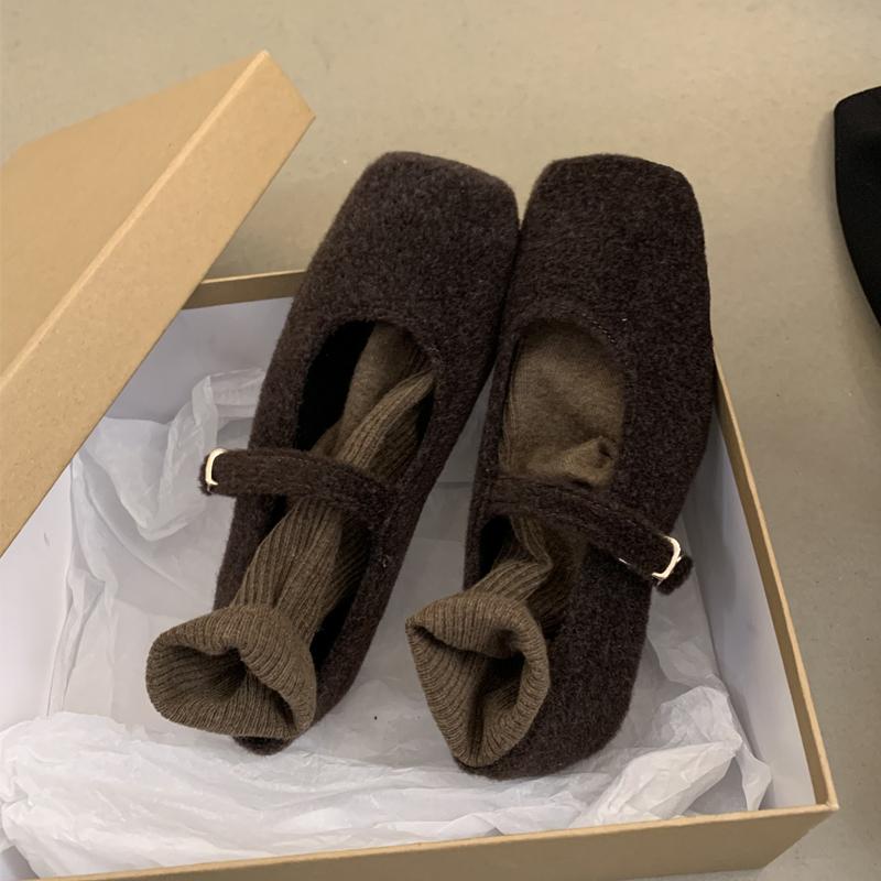 Fashion Fashion Square Toe Fleece Flet Ballet Flats Woman Winter Warm Wool Mary Jane Shoes Ladies Brand Design Elegant Plush Loafers