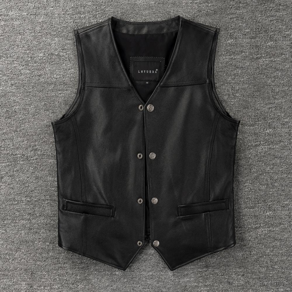 

Casual Black Cow Men Leather Vest V-Neck Slim Genuine Leather Vests Mens Cowhide Waistcoat Spring S чёрный