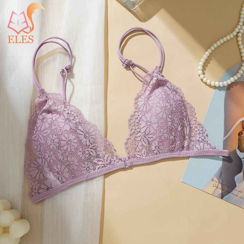 Sutiã de Renda Ultrafino com Botão Frontal Copa Triangular Francesa Seios Pequenos Sem Aro de Aço Desejo Puro Alça Fina Costas Lindas