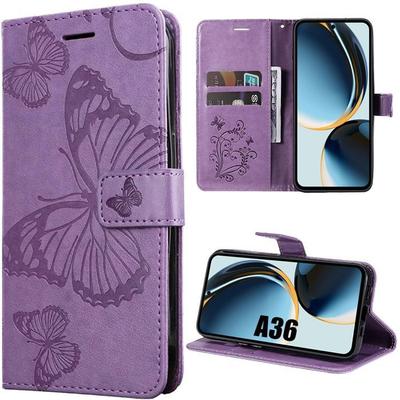 Protective Case - BOOLING - for Samsung Galaxy A36/A56 5G - Purple Synthetic Leather - Butterfly Pattern - Shockproof
