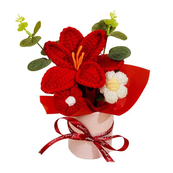 Crochet Flower Bouquet Handmade Artificial Knitted Bouquet Fake Sunflower Carnation Tulip Puff Flowers Gifts for Mother Wife On Birthday Anniversary