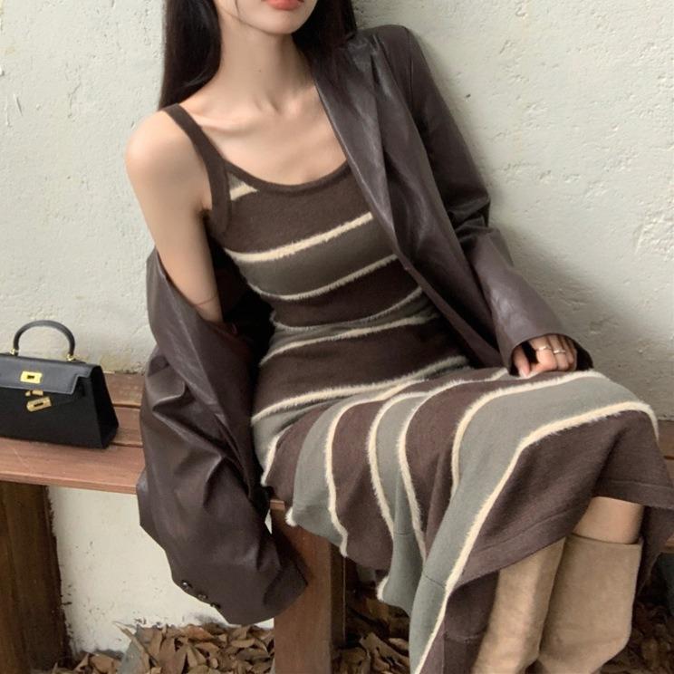 Suspender retro u-neck striped knitted primer dress women's autumn and winter inner fit slim sweater skirt pendant long dress
