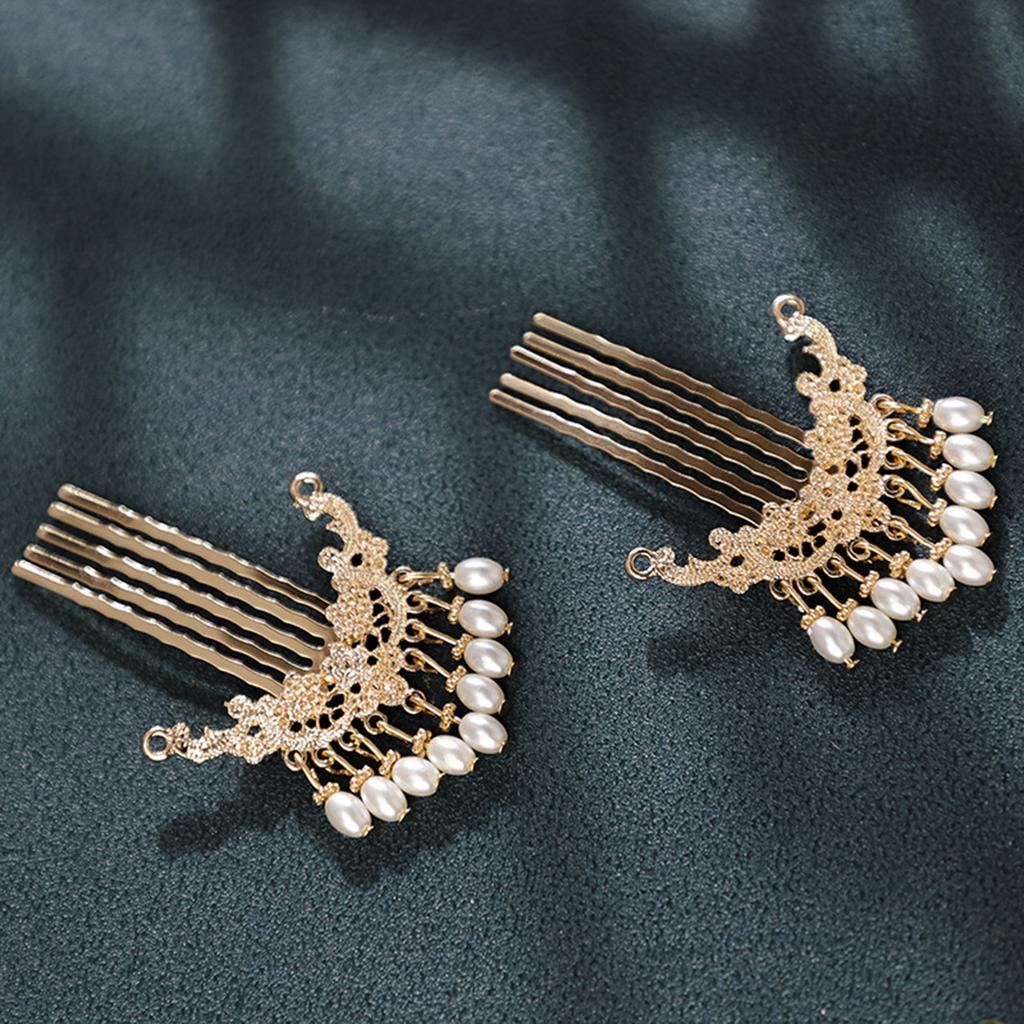 1 Paar Retro Chinesischer Stil Haarschmuck Goldfarben Metall Haarkämme Perlen Anhänger Dekor Frauen Mädchen Hanfu Kleid Party Haarnadeln