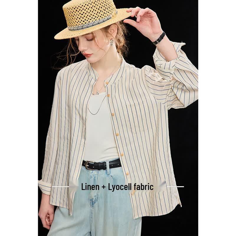 Women s Striped Tencel Linen Blend Stand-Collar Shirt L