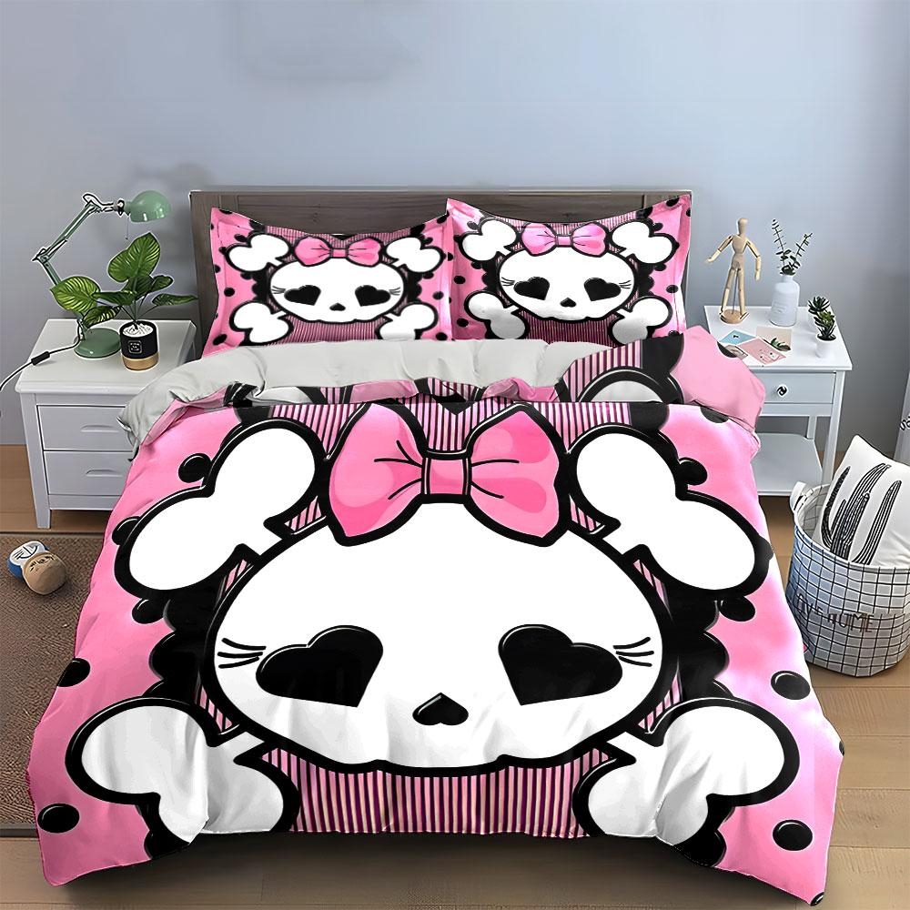 Pink Skull Pattern Gift Set Kid'S And Adults' Bedroom Decor, Exquisite Three-Piece Bedding Set Gift