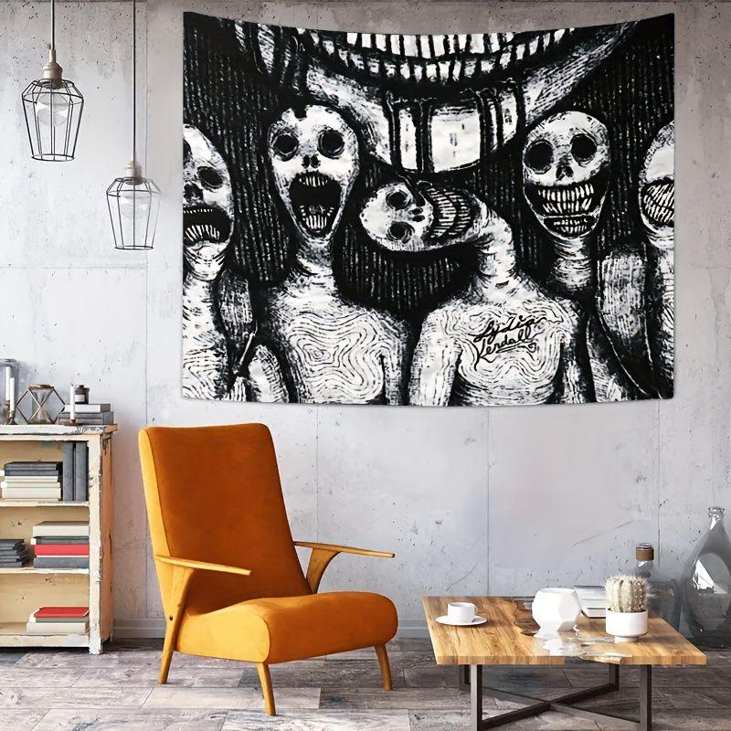 Gothic Horror Tapestry Monochrome Creepy Skull Human Body Sketch Wall Blanket for Grunge Dorm Decor