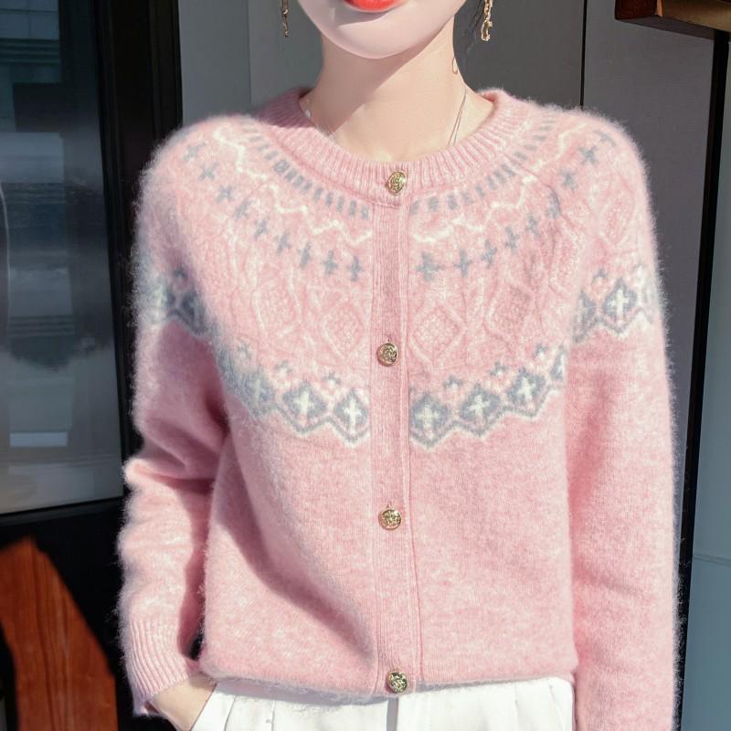 Women's Autumn-Winter Color Block 100% Wool Jacquard Cardigan – Round Neck, Age-Reducing, Versatile Knitwear
