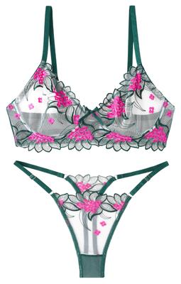 Maeau Bra Lace Sexy Floral XL See-Through Set, Underwear, Women's Lingerie, Print, Embroidered, Padless, Thin, Flattering, Green,