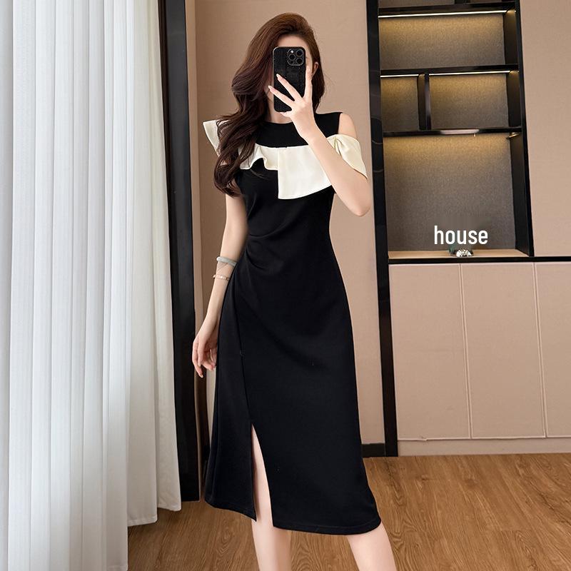Plus Size Slim-Fit Color Block Summer Dress - Black Waist-Cinching for Women M чёрный