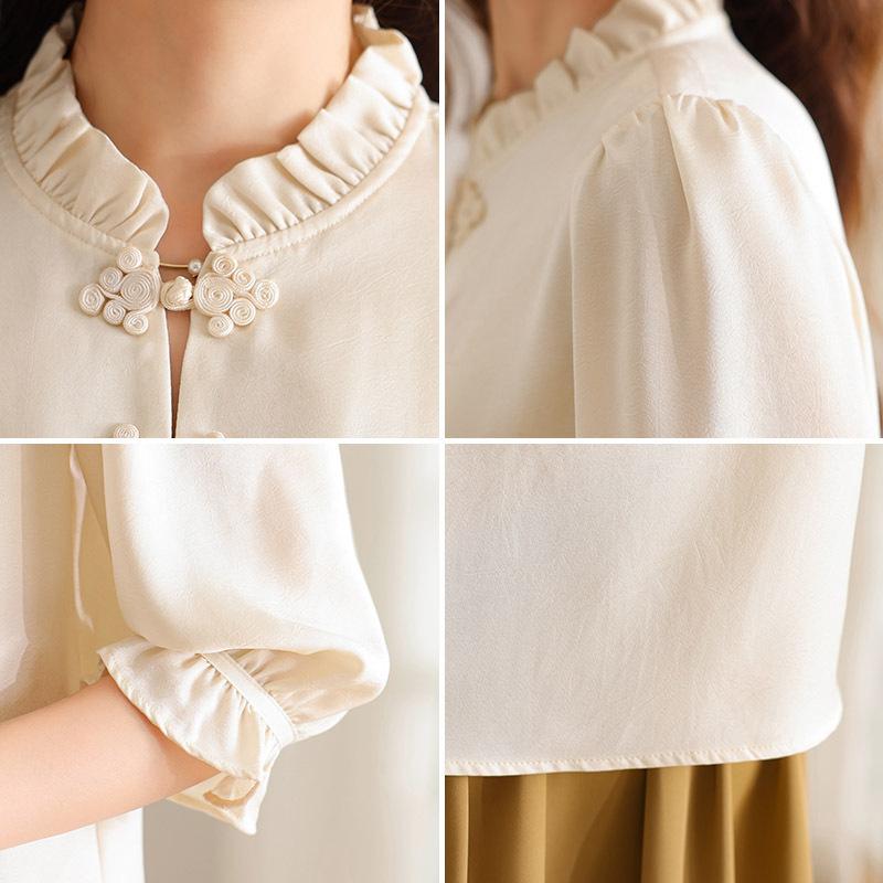 Chiffon Women's Mid Sleeve Top, Chinese Summer Five Quarter Sleeve Retro Chinese Style Shirt