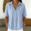 Women Shirt Lapel Buttons Half Placket Short Sleeves Casual Blouse Pure Color Loose Fit