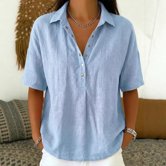 Women Shirt Lapel Buttons Half Placket Short Sleeves Casual Blouse Pure Color Loose Fit