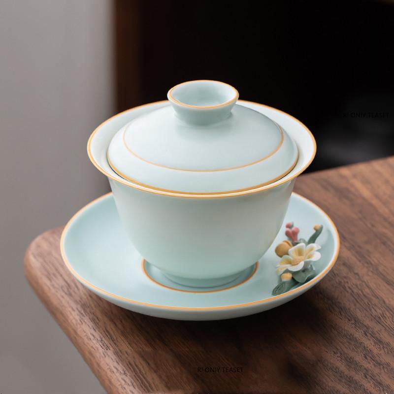 150ml Chinese High Grade Ceramic Gaiwan Teacup Handmade Flower Pattern Tea Tureen Travel Tea Bowl Household Teaware Accessories