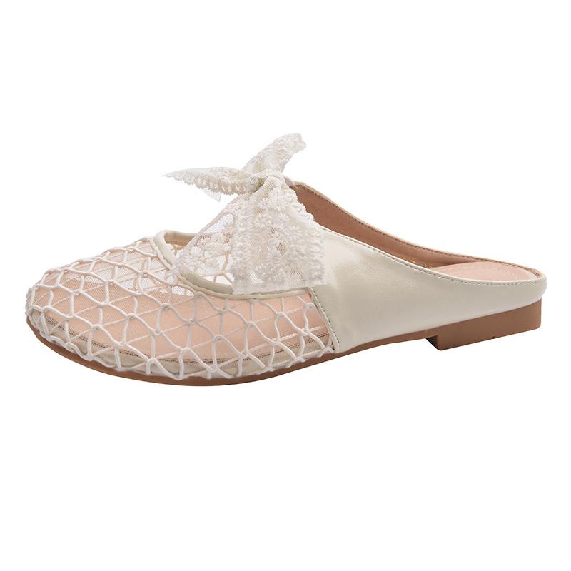 Baotou Half Slippers Women's Outer Wear 2025 Spring and Summer New Low-heeled Lace Bow Mary Jane Cool Slippers