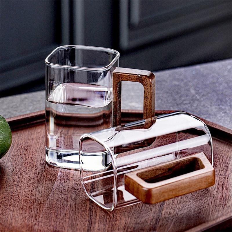 250ml Square High Borosilicate Glass Coffee Mug With Wooden Handle Heat-Resistant Tea Mug Breakfast Milk Caffe Americano Mugs