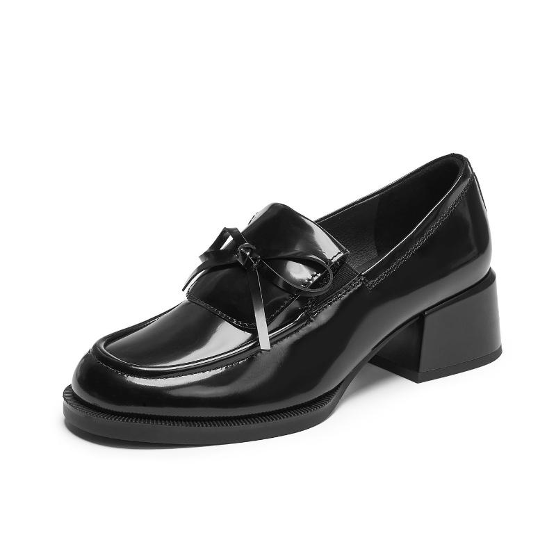 Retro Brown Bow Decorate High-Heel Pumps for Women Fashion Round-Toe Sewing Designer Shoes British-Style Chunky Heel Loafers