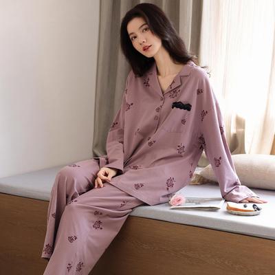 Women's Pure Cotton Long Sleeve Pajama Set - Simple Print for Autumn & Spring