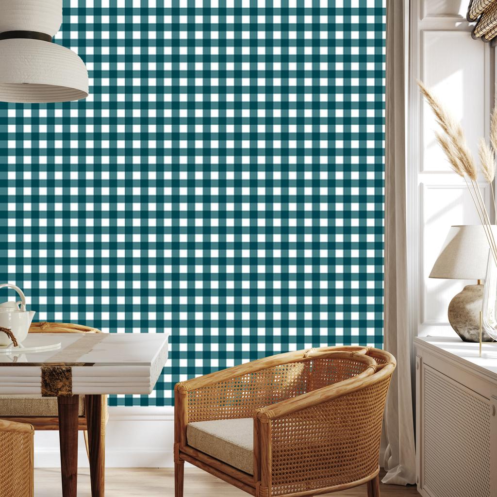 Colorful Retro Checkered Wallpaper in Turquoise and White for Living Room and Bedroom 50x1000