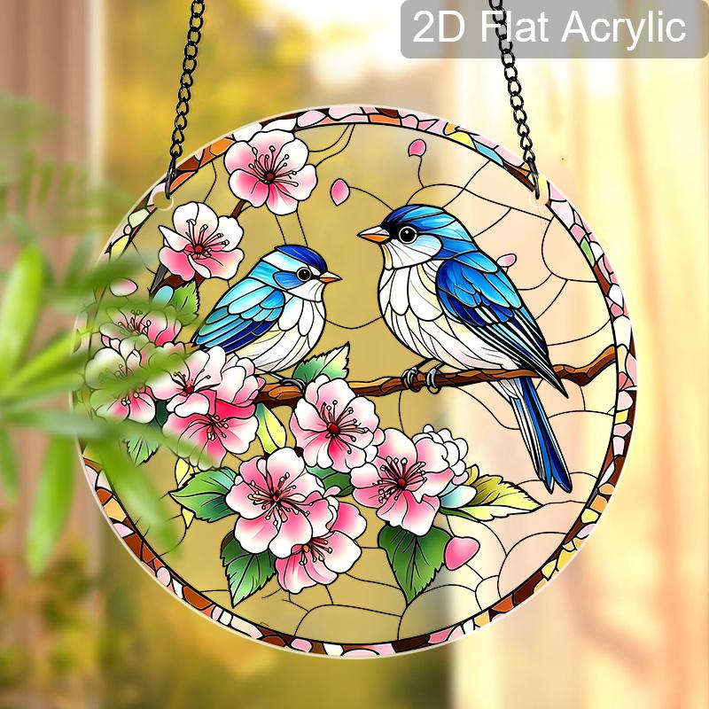 2D Flat Acrylic Peach Blossom Birds Suncatcher Decorative Hanging Ornament, 7.87/11.81inches Love Birds Home Window Porch Wall Garden Tree Decor