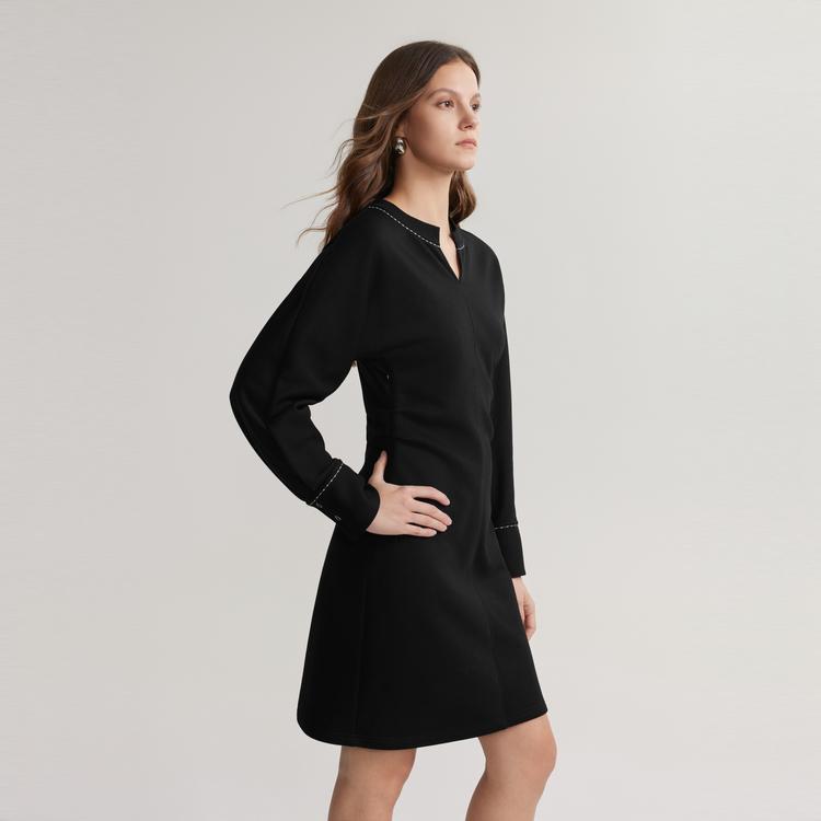 ELLE Elegant V-Neck Solid Color Midi Dress With Long Sleeves Women dresses Black EL48980