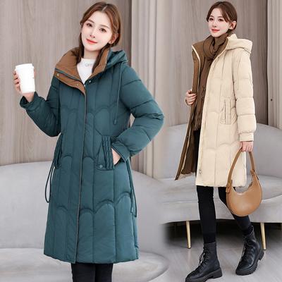 Herbst und Winter Damenmantel Farbblockierte Kapuze Schlanke Mittellange Verdickte Winddichte Damenjacke