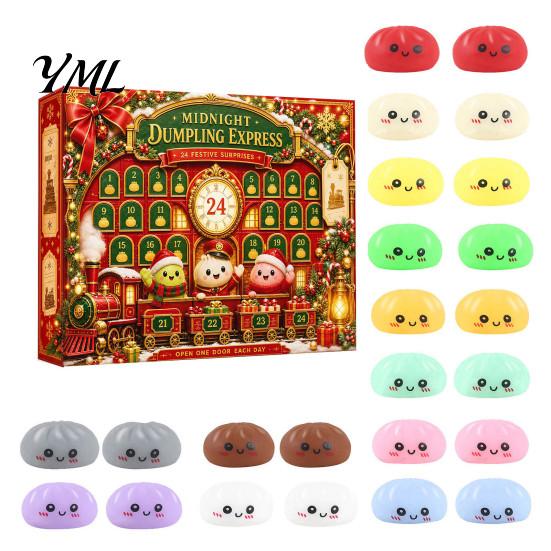 Christmas Party Favors Cartoon Dumpling Gift Box, Xmas Advent Calendar with 24 Stress Countdown Relief Squeeze Toys, Days Steamed Bun Toy Box