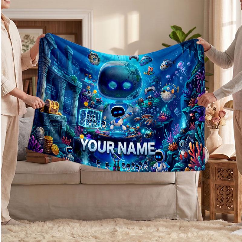 Astro Bot Personalized Flannel Blanket, Custom Printed Text Name, Warm Soft Blanket For Couch Bed