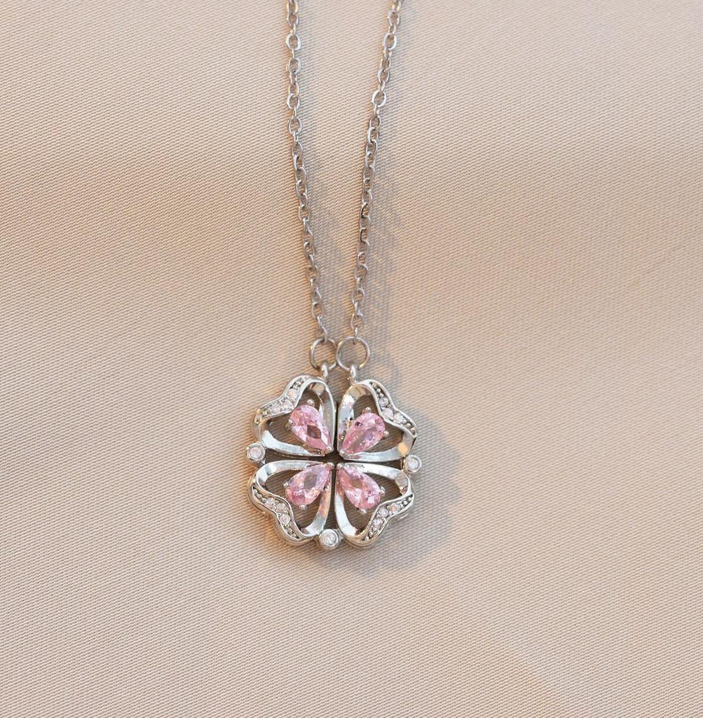 Women's Japanese Korean Folding Fashion Two-Wearing Four-Leaf Flower Heart-to-Heart Clavicle Necklace Zircon Copper Water-Wave