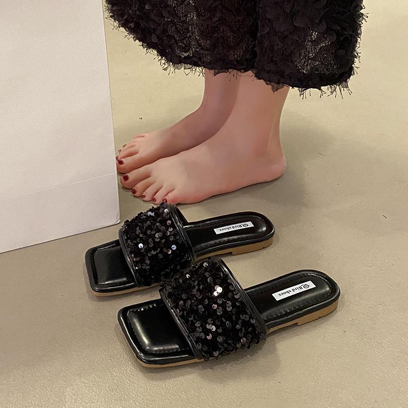 Beliebte Französische Strass Feenschuhe One-Flip Flache Absatzsandalen Out Schwarz Sommer Pailletten Hausschuhe Frau