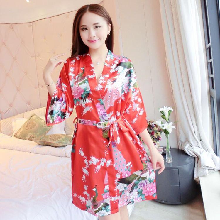 Women's Peacock Print Silk-Feel Short Summer Robe Pajamas