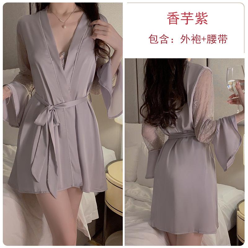 Satin Embroidered Lace Plus Chest Pad Slim Suspender Nightdress Belt Robe Women's Loungewear Set